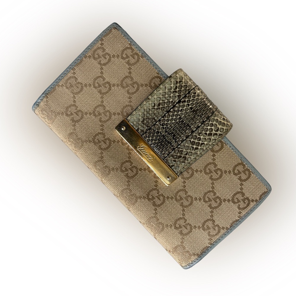 100% Authentic Gucci leather trim, canvas wallet with snake skin strap